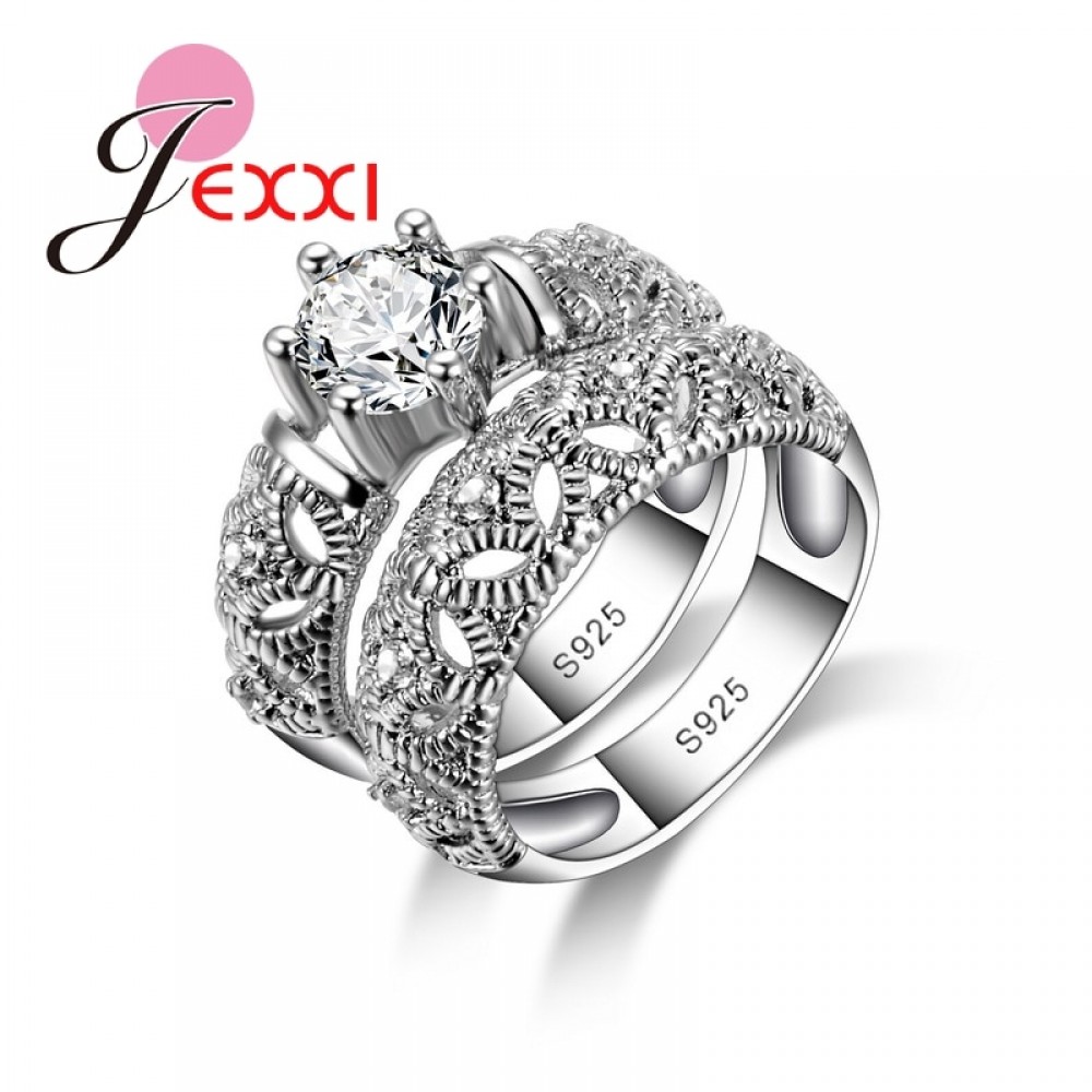 Jemmin Fashion Clear Cubic Zirconia Couple Ring Sets For Women 925 Sterling Siver Vintage White CZ Jewelry Rings Wholesale