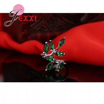 Fashion  Cute Fresh Leaves 925 Sterling Silver Ring With Full Green Natural Crystal For Women Girls Party Jewelry Accessories