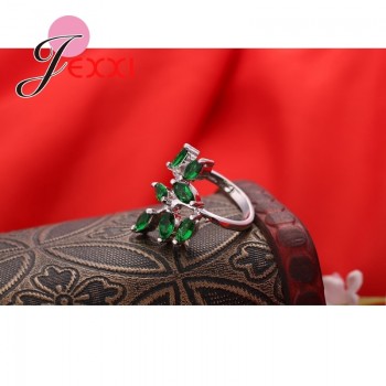 Fashion  Cute Fresh Leaves 925 Sterling Silver Ring With Full Green Natural Crystal For Women Girls Party Jewelry Accessories