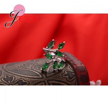Fashion  Cute Fresh Leaves 925 Sterling Silver Ring With Full Green Natural Crystal For Women Girls Party Jewelry Accessories
