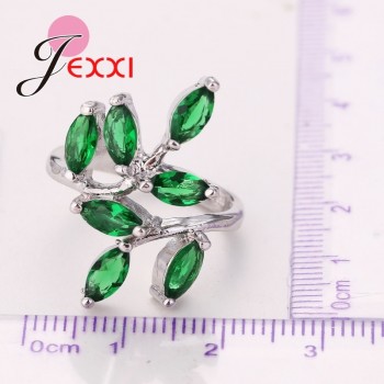 Fashion  Cute Fresh Leaves 925 Sterling Silver Ring With Full Green Natural Crystal For Women Girls Party Jewelry Accessories