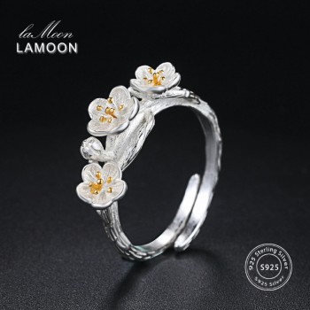 LAMOON Wiredrawing 2 Colors Plum Flower S925 Adjustable Rings 925 Sterling Silver Fine Jewelry for Women Anti Allergy LMRY009