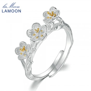 LAMOON Wiredrawing 2 Colors Plum Flower S925 Adjustable Rings 925 Sterling Silver Fine Jewelry for Women Anti Allergy LMRY009
