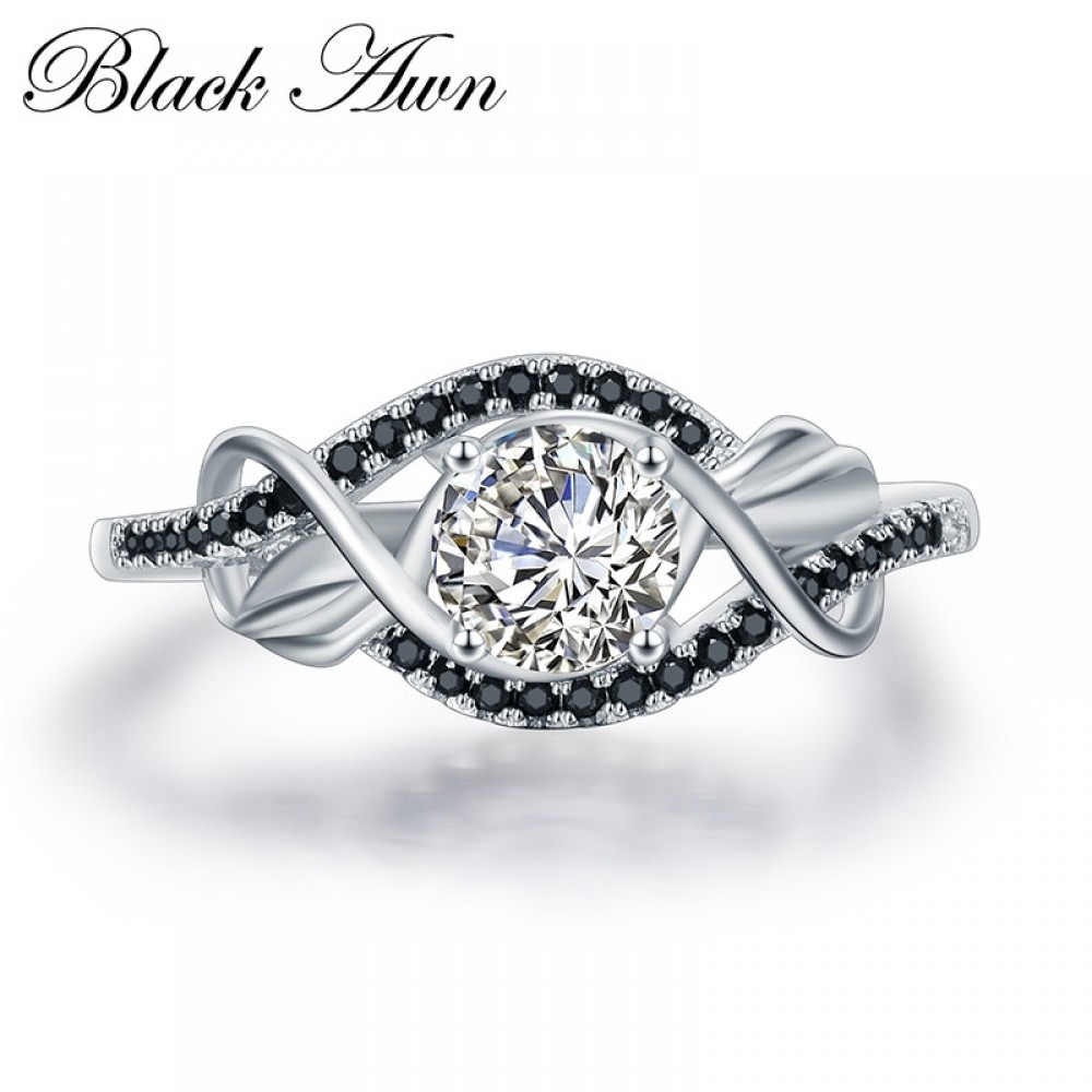 Trendy 3.5 Gram 100% Genuine 925 Sterling Silver Jewelry Blackamp;White Stone Wedding Rings for Women Bijoux Size 5 6 7 8 9 10 C307