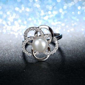 Lamp;zuan S925 Silver White Cultured Freshwater Ring for Woman Diameter 9~10mm Pearl Floral Silver Ring Fine Jewelry Christmas Gift