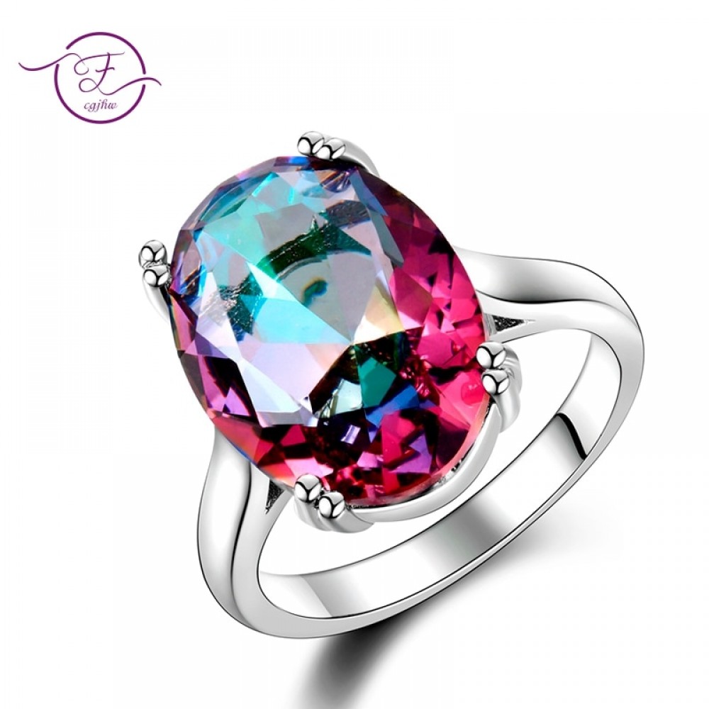 Fashion Womens Jewelry S925 Silver Ring Mystic Fire Rainbow Topaz Rings Promotion Elegant Wedding Jewelry anillos Party Gift