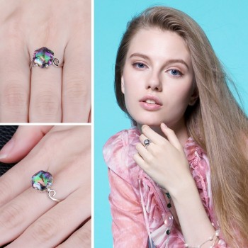 JewelryPalace 3.2ct Genuine Rainbow Fire Mystic Topaz Ring Solid 925 Sterling Silver Jewelry Ring Sets Gifts Women New Sale