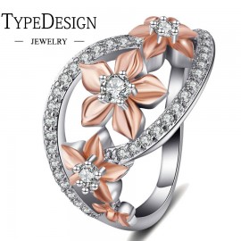 Romantic Champagne Enamel Flower Ring Female Beautiful Micro Pave Zircon Ladies Finger Ring Unique Women Engagement Ring Jewelry