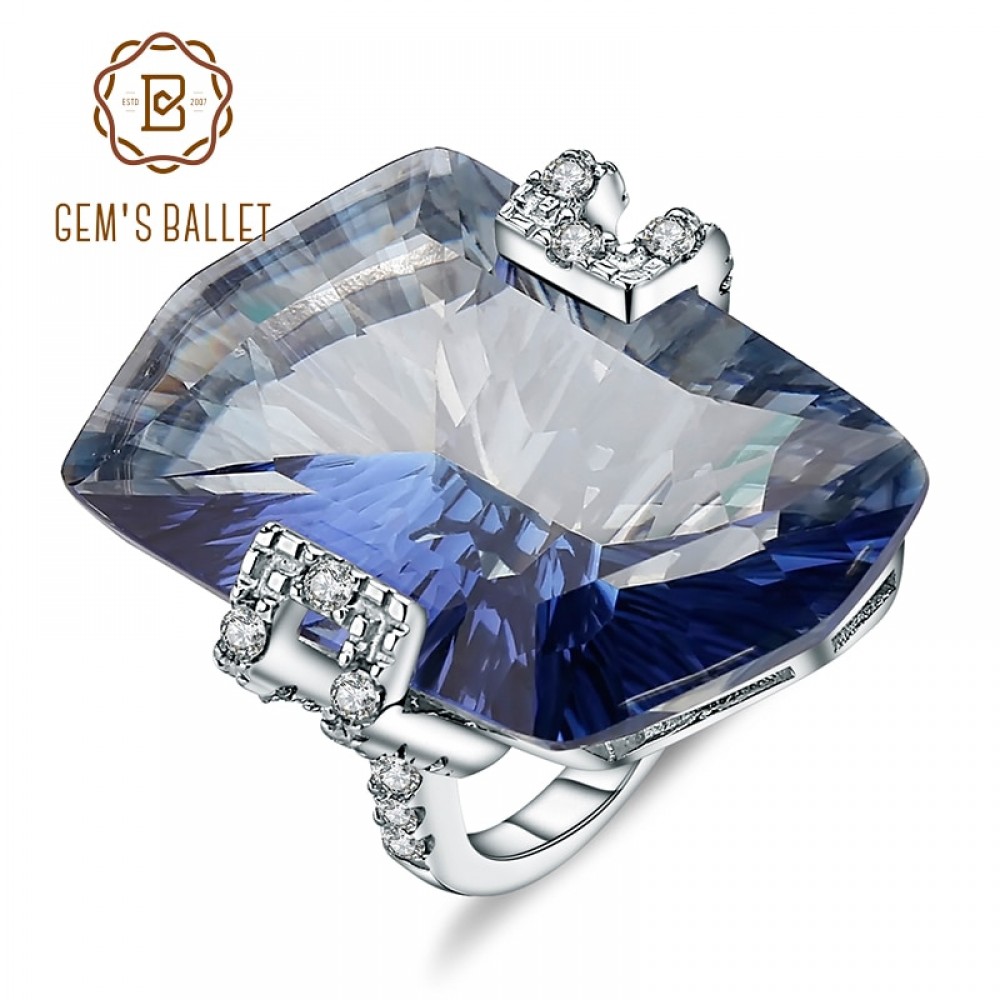 GEMS BALLET 21.20Ct Natura Iolite Blue Mystic Quartz Gemstone Cocktail Rings 925 Sterling Silver Fine Jewelry for Women