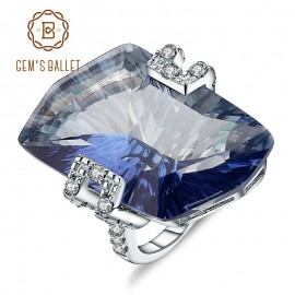 GEMS BALLET 21.20Ct Natura Iolite Blue Mystic Quartz Gemstone Cocktail Rings 925 Sterling Silver Fine Jewelry for Women