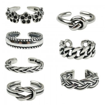 Women Unique Adjustable Opening 925 Sterling Silver Finger Ring Retro Carved Toe Ring Beach Foot Jewelry