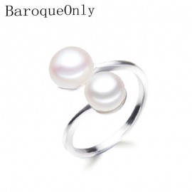 BaroqueOnly DOUBLE Pearls Ring Silver Interlaced Rings Freshwater Pearl Wedding Ring 925 Sterling Silver Jewelry for Women Gift