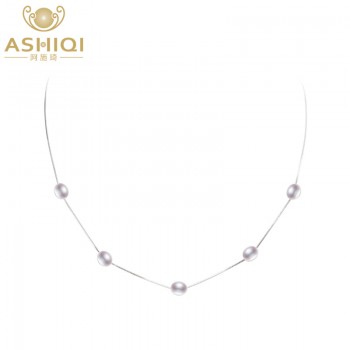 ASHIQI 925 sterling silver chain necklace pendant freshwater pearl necklace women 6-7mm Pearl Quality goods jewelry