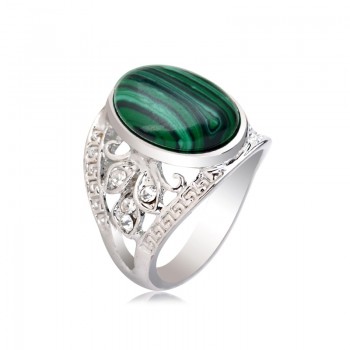 Vintage Malachite Stone Silver Ring for Women Green Antique Oval setting Hollow out Crystal Tibetan Finger Rings Jewelry