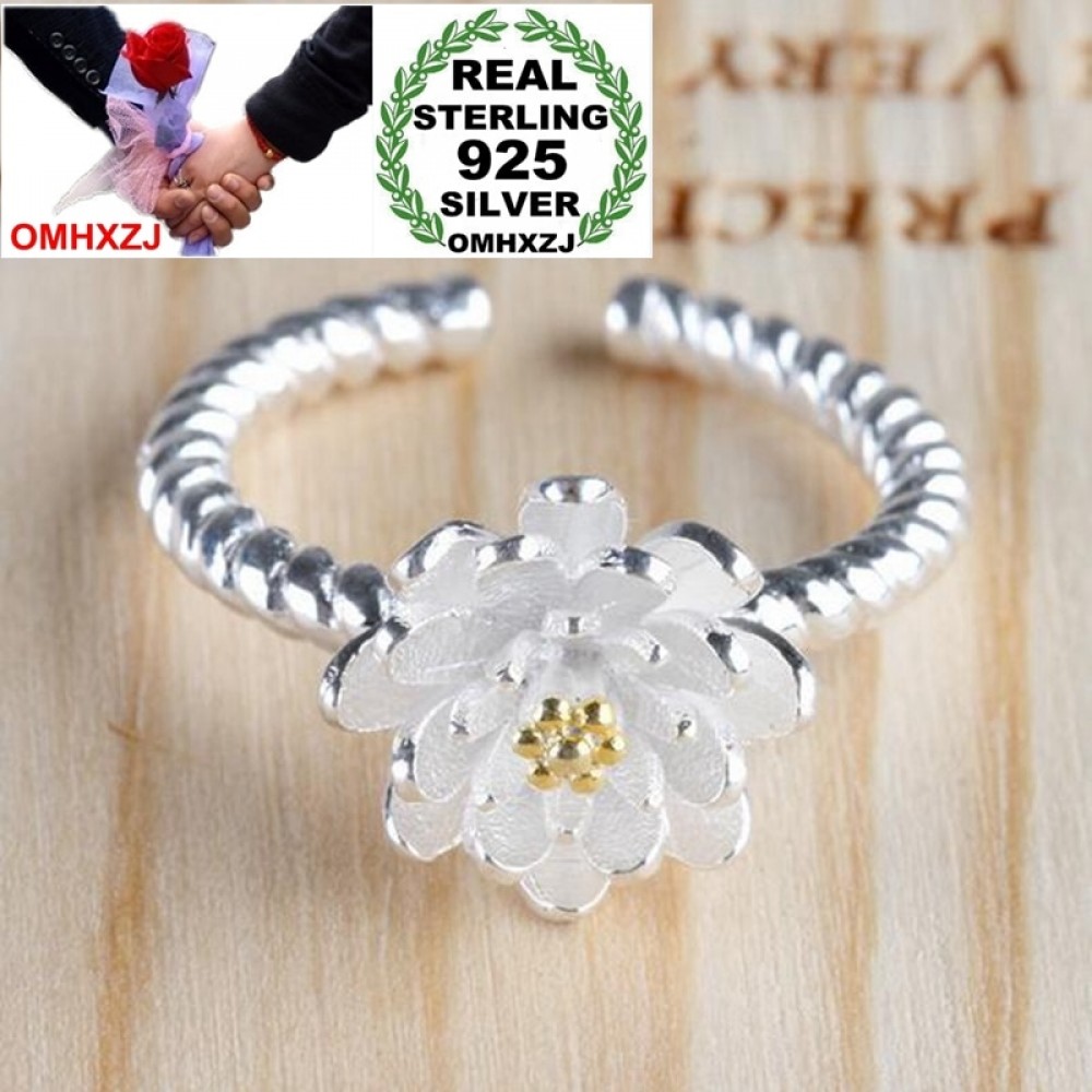 OMHXZJ Wholesale Jewelry Romantic Fashion Sweet Lotus Gift 925 Sterling Silver Golden Female For Woman Girl Resizable Ring RG48