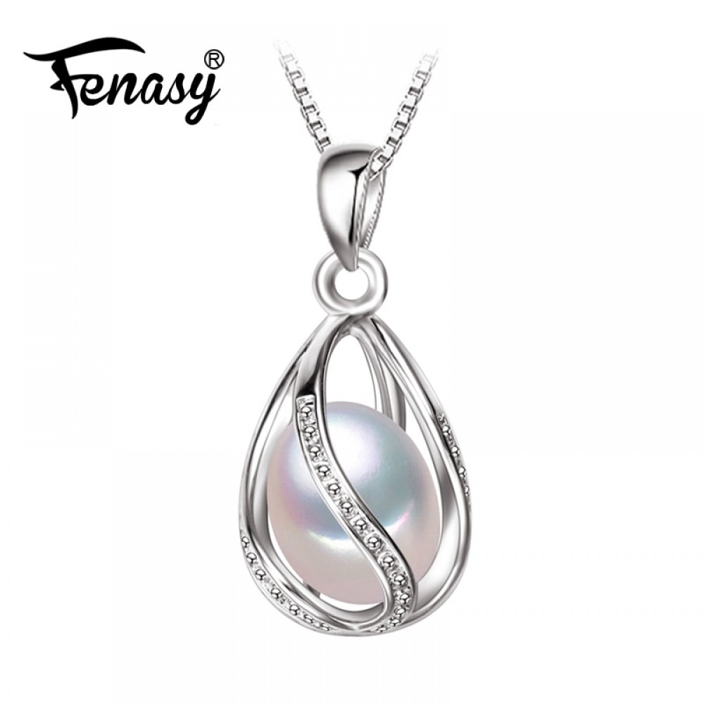 FENASY Pearl Jewelry,natural Pearl Pendant cage Necklace Party fashion style Freshwater Pearl Silver Necklace Pendant,gift box
