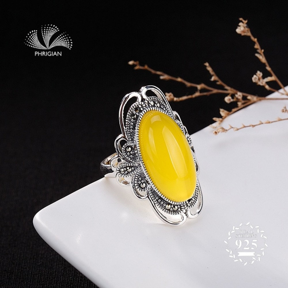 Certified Poland S925 Fine Jewelry Ring Sterling Silver Women upper class noble Natural Retro Exquisite Semi Gemstone amber opal