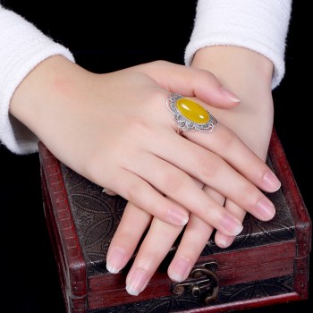 Certified Poland S925 Fine Jewelry Ring Sterling Silver Women upper class noble Natural Retro Exquisite Semi Gemstone amber opal