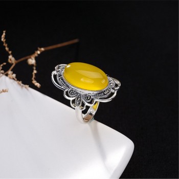 Certified Poland S925 Fine Jewelry Ring Sterling Silver Women upper class noble Natural Retro Exquisite Semi Gemstone amber opal