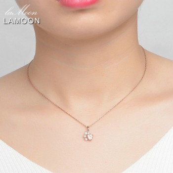 LAMOON Bears Paw 5x5.5mm 100% Natural Gemstone Rose Quartz Chain Necklace 925 Sterling Silver Jewelry Rose Gold Plated LMNI027