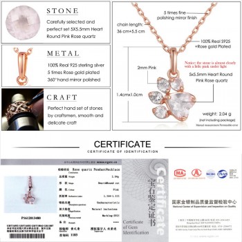 LAMOON Bears Paw 5x5.5mm 100% Natural Gemstone Rose Quartz Chain Necklace 925 Sterling Silver Jewelry Rose Gold Plated LMNI027