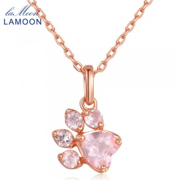 LAMOON Bears Paw 5x5.5mm 100% Natural Gemstone Rose Quartz Chain Necklace 925 Sterling Silver Jewelry Rose Gold Plated LMNI027