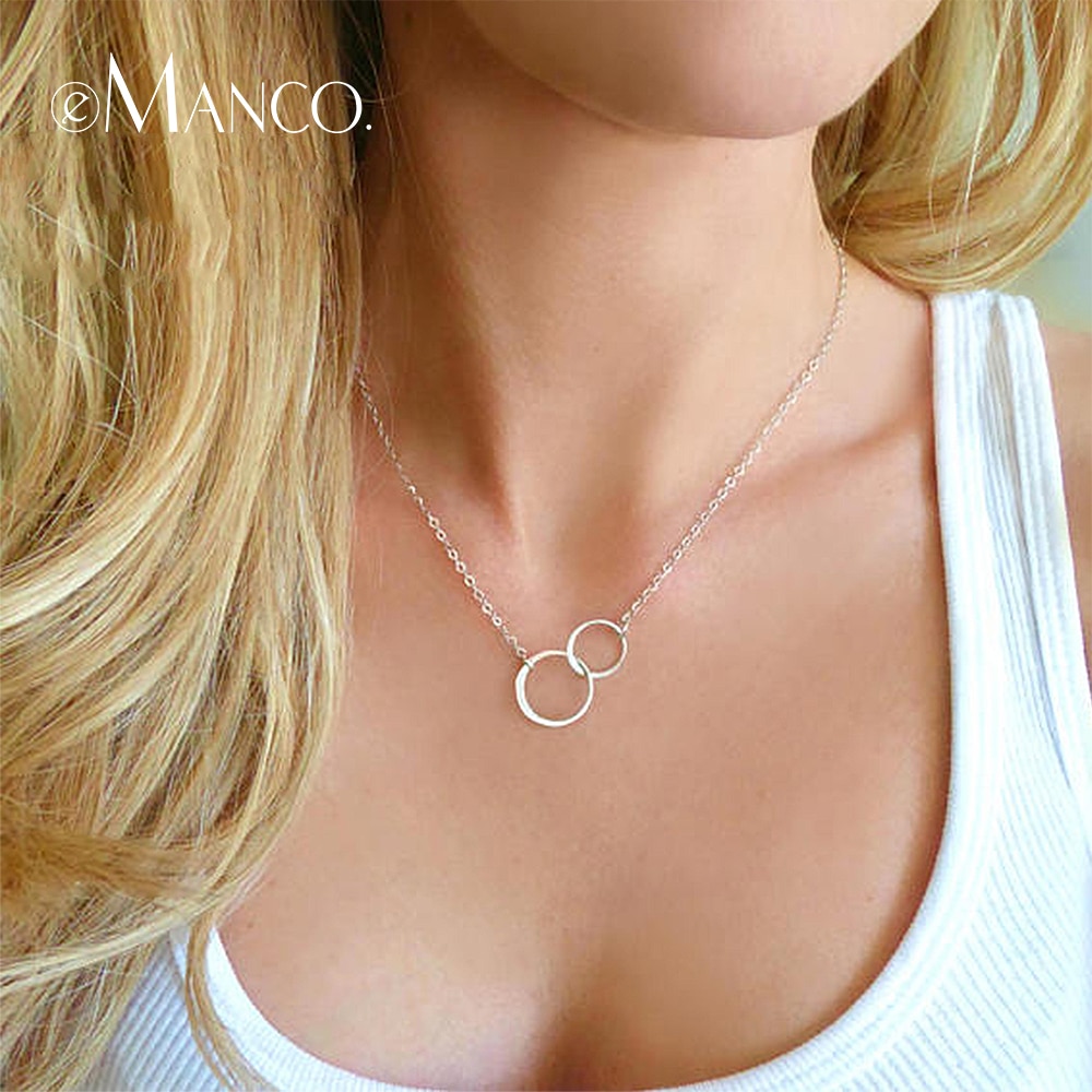 e-Manco Crossed Double Circle Necklace 925 Silver Simple Double Circle Gold Necklace Women Fine Jewelry Hoop Pendant Necklace