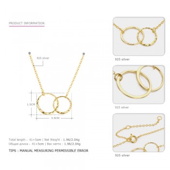 e-Manco Crossed Double Circle Necklace 925 Silver Simple Double Circle Gold Necklace Women Fine Jewelry Hoop Pendant Necklace