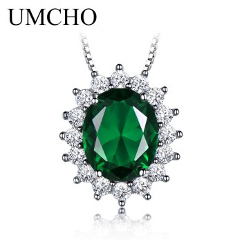 UMCHO Oval 8*10mm Gemstone Nano Emerald  Pendant 925 Sterling Silver Necklaces For Women Wedding Gift Fine Jewelry With Chain