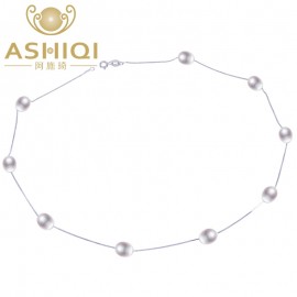 ASHIQI Real 925 sterling silver necklace White pearl necklace 7.5-8mm Natural Freshwater pearl Jewelry for Women
