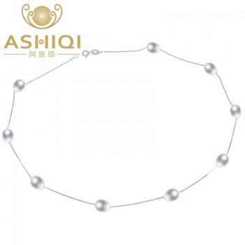 ASHIQI Real 925 sterling silver necklace White pearl necklace 7.5-8mm Natural Freshwater pearl Jewelry for Women