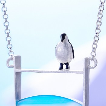 Lotus Fun Real 925 Sterling Silver Natural Agate Handmade Fine Jewelry Lovely Penguin Necklace with Pendant for Women Collier