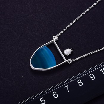 Lotus Fun Real 925 Sterling Silver Natural Agate Handmade Fine Jewelry Lovely Penguin Necklace with Pendant for Women Collier