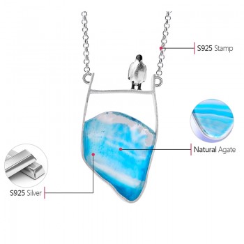 Lotus Fun Real 925 Sterling Silver Natural Agate Handmade Fine Jewelry Lovely Penguin Necklace with Pendant for Women Collier