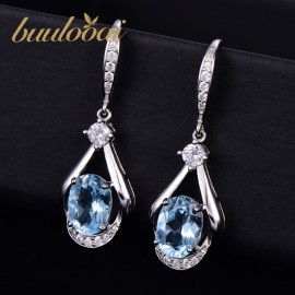 buulooai Natural Sky Blue Topaz Wedding Anniversary Drop Earrings Genuine 100% Real 925 Sterling Silver Fine Jewelry For Women