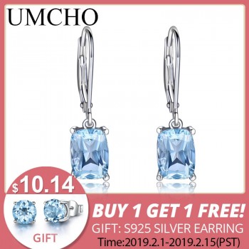 UMCHO Genuine 925 Sterling Silver Sky Blue Topaz Drop Earrings Elegant Gemstone Wedding Engagement Jewelry For Women Gifts