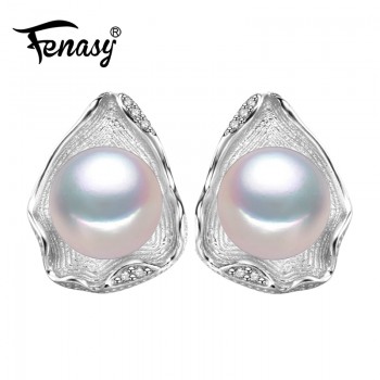 FENASY charms freshwater pearl jewelry Geometric bohemian pearl earrings fashion S925 sterling silver Stud Earrings for women