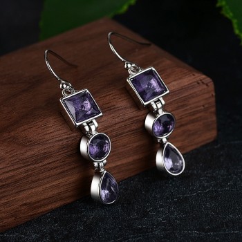 OMHXZJ Wholesale European Fashion Woman Girl Party Wedding Gift Geometric Amethyst 925 Sterling Silver Drop Earrings EA282