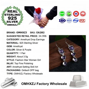 OMHXZJ Wholesale European Fashion Woman Girl Party Wedding Gift Geometric Amethyst 925 Sterling Silver Drop Earrings EA282