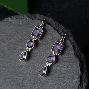 OMHXZJ Wholesale European Fashion Woman Girl Party Wedding Gift Geometric Amethyst 925 Sterling Silver Drop Earrings EA282