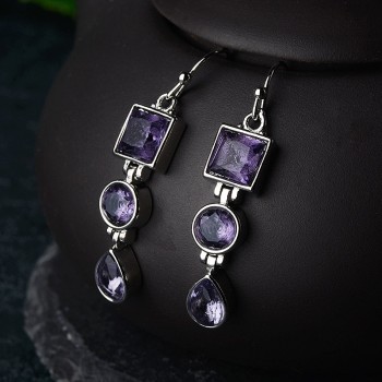 OMHXZJ Wholesale European Fashion Woman Girl Party Wedding Gift Geometric Amethyst 925 Sterling Silver Drop Earrings EA282