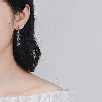 OMHXZJ Wholesale European Fashion Woman Girl Party Wedding Gift Geometric Amethyst 925 Sterling Silver Drop Earrings EA282
