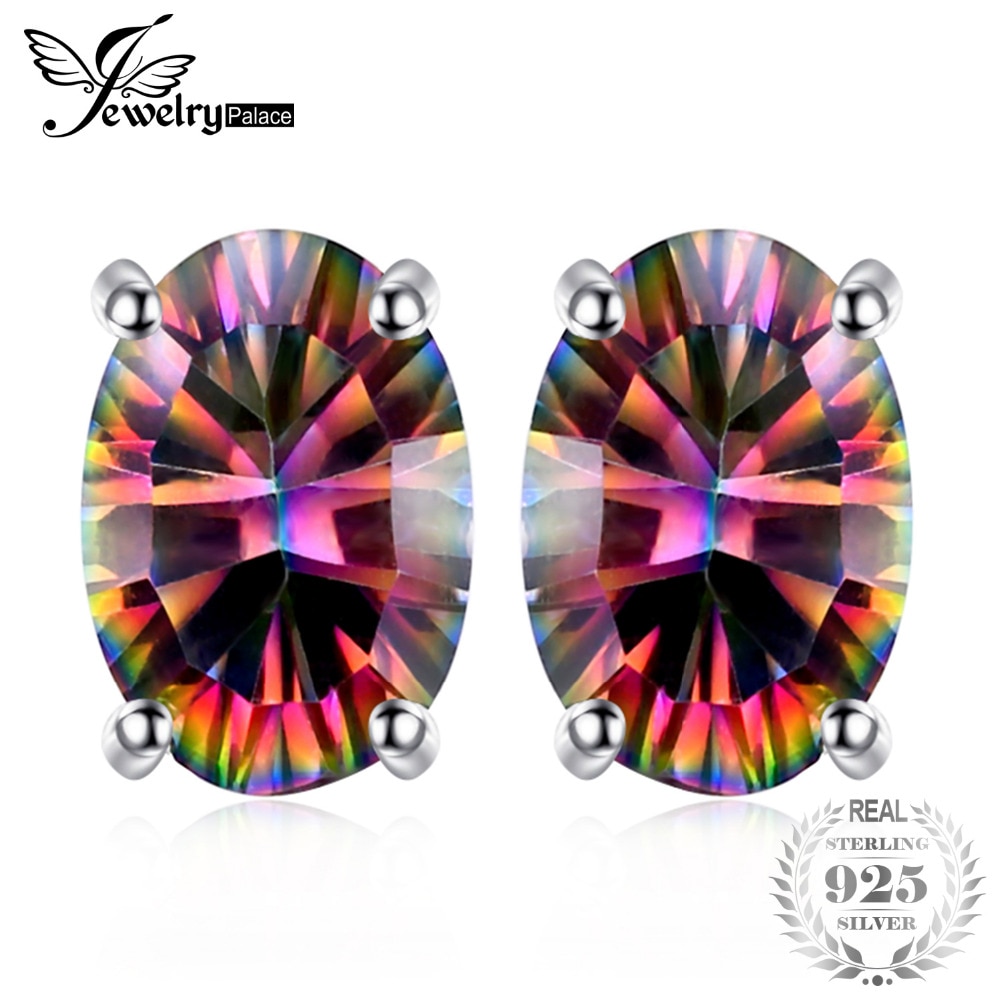 JewelryPalace 7x5mm Oval Cut 1.5ct Fire Rainbow Mystic Topaz Earrings Studs Solid 925 Sterling Silver Women Vintage Fashion