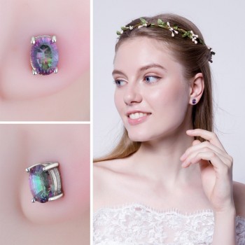 JewelryPalace 7x5mm Oval Cut 1.5ct Fire Rainbow Mystic Topaz Earrings Studs Solid 925 Sterling Silver Women Vintage Fashion