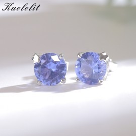 Kuololit Solid 925 Sterling Silver Stud Earrings For Women Created Tanzanite Stone Fashion Star Christmas Jewelry Wedding Gift