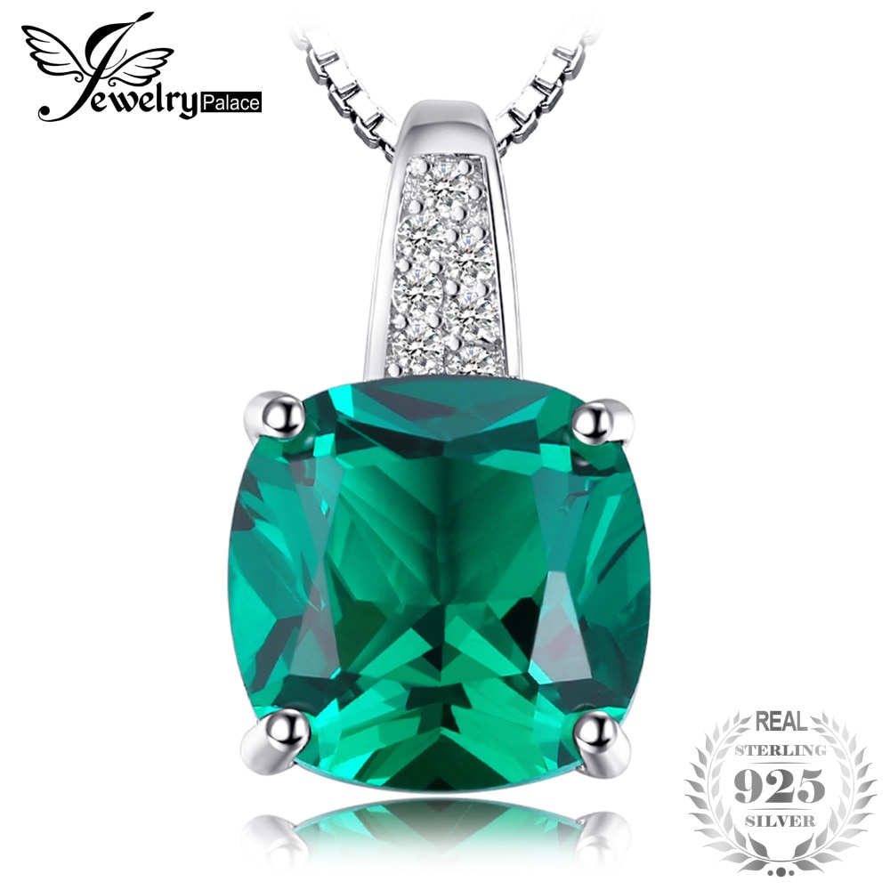 JewelryPalace Cushion 3.4ct Created Green Emerald Solitaire Pendant 925 Sterling Silver Fine Jewlery Without The Chain