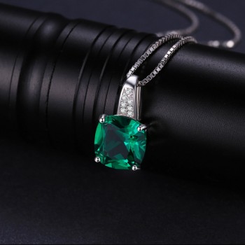 JewelryPalace Cushion 3.4ct Created Green Emerald Solitaire Pendant 925 Sterling Silver Fine Jewlery Without The Chain