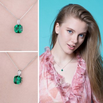 JewelryPalace Cushion 3.4ct Created Green Emerald Solitaire Pendant 925 Sterling Silver Fine Jewlery Without The Chain