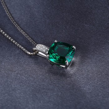 JewelryPalace Cushion 3.4ct Created Green Emerald Solitaire Pendant 925 Sterling Silver Fine Jewlery Without The Chain