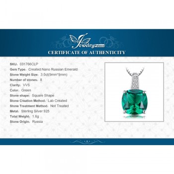 JewelryPalace Cushion 3.4ct Created Green Emerald Solitaire Pendant 925 Sterling Silver Fine Jewlery Without The Chain
